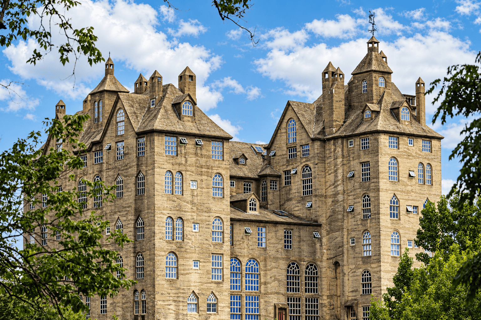 Historic gothic manor in a sunlit park