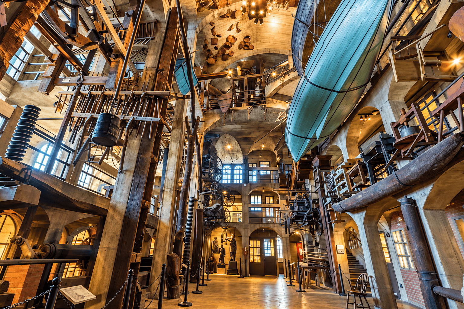 Steampunk museum hall with a suspended canoe
