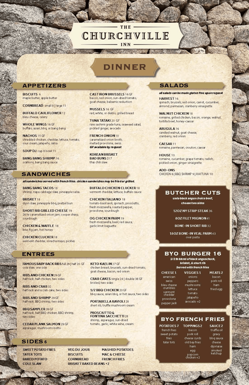 Churchville Inn Dinner Menu