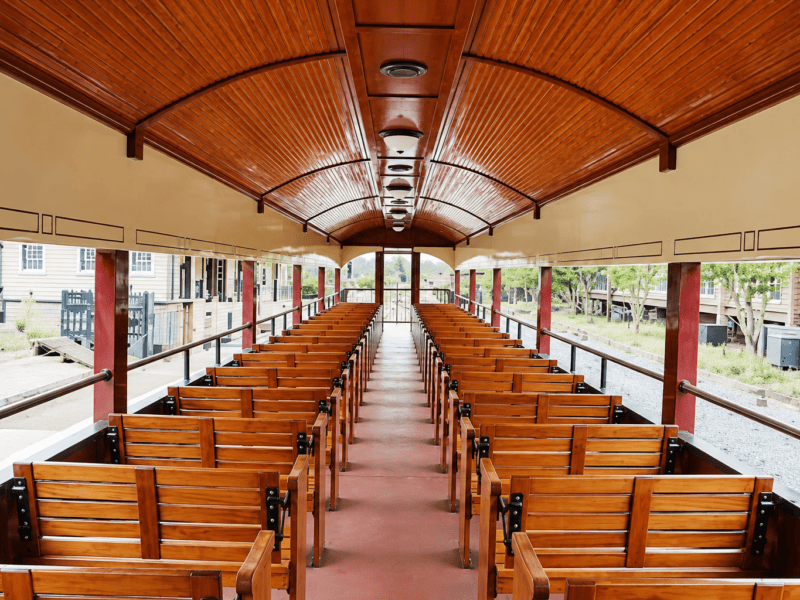 Vintage open-air tram interior